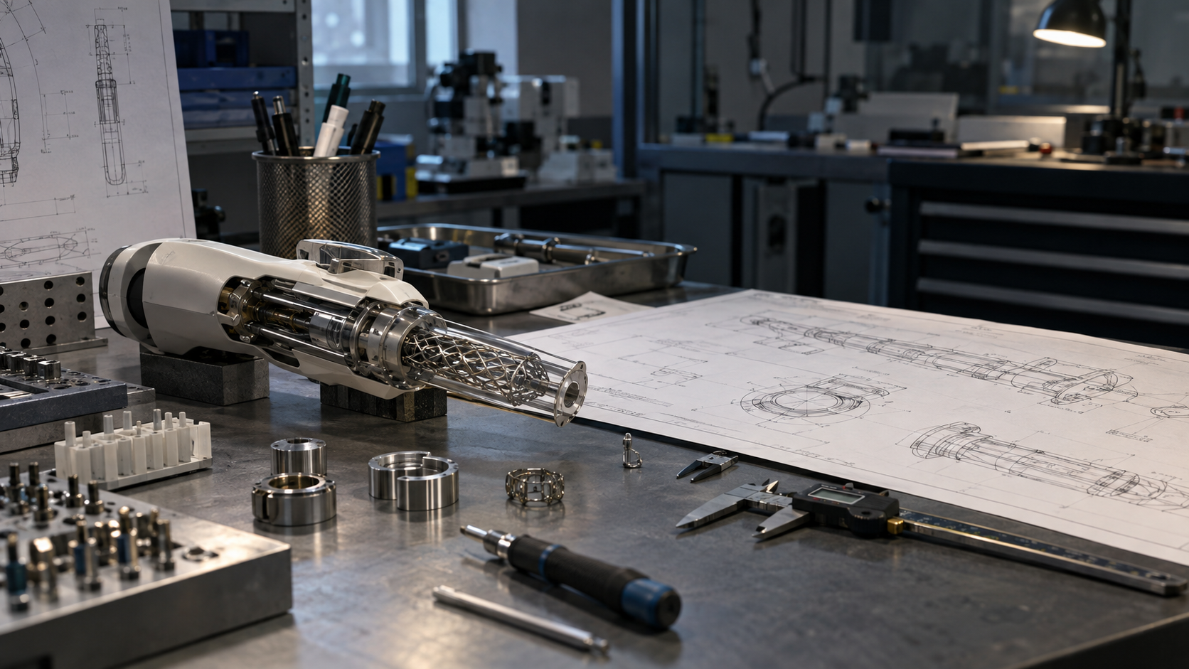 Confidential medical-device prototype and proprietary engineering drawings in an active research lab